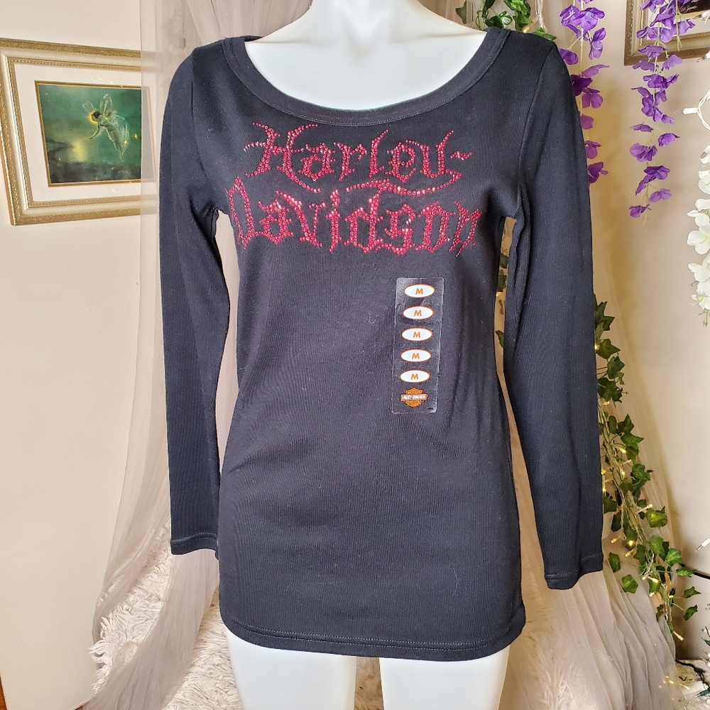 Harley Davidson Y2K Red Sparkle Rhinestone Long Sleeve Shirt Size M Moto Cotton